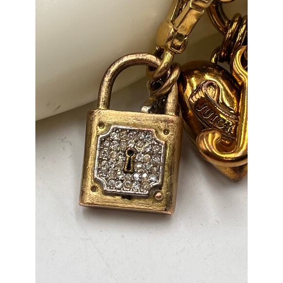 Juicy Couture Gold Tone Pave Padlock With Key Puff 3D Heart and J Charm Bracelet - Picture 3 of 8